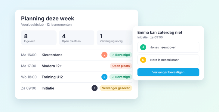 ClubWerk: weekplanning met open plaatsen en een vervanger die bevestigd wordt