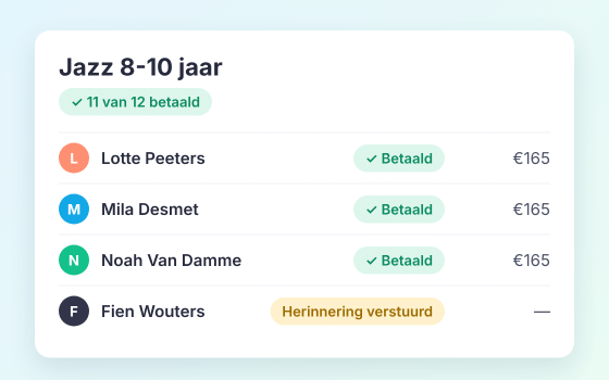 Overzicht in Ledenbeheer: wie betaald heeft, en een automatische herinnering voor wie nog moet betalen
