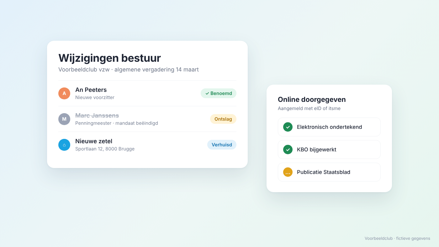 Overzicht van bestuurswijzigingen van een vzw die online worden doorgegeven en in de KBO worden bijgewerkt